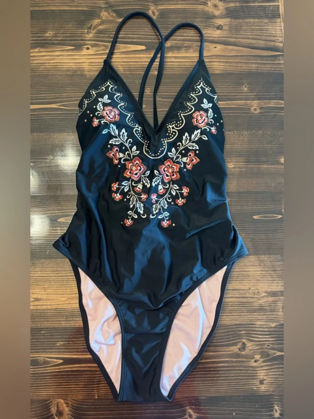 NWT Xhilaration Black One-Piece Swimsuit with  Floral‎ Embroidery Size L